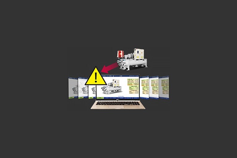 Laptop screen shows  Water-cooled Screw Heat Pump and diagnosis data. Yellow triangle with exclamation mark placed at top left corner.