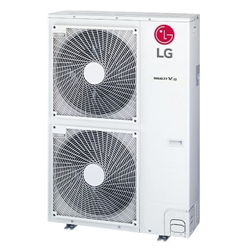 The LG VRF Multi V S, which is a tall, rectangular outdoor unit with two large fan grilles positioned one above the other, is displayed.