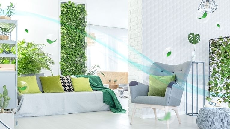 A gray couch set takes center stage in a living room brimming with lush greenery while currents of blue-white cross the room.