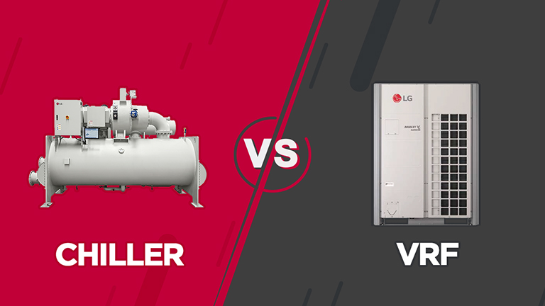 An LG Chiller against a red backdrop sits on the left, while an LG VRF against a gray background is on the right, separated by a central VS sign.