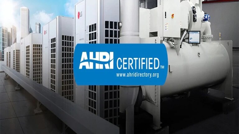 An array of LG Multi V units occupy the left half, contrasted by a large LG chiller on the right, with the AHRI Certified logo centered.