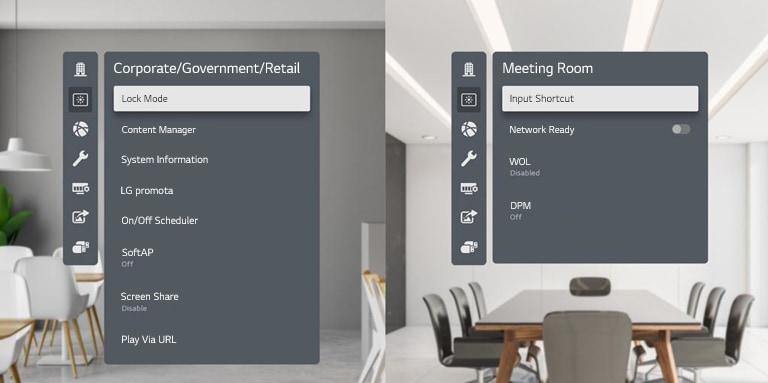 Most frequently used menus are categorized per industry in display menu. The left shows menus for "Corporate / Government / Retail" and the right menus is for "Meeting Room"