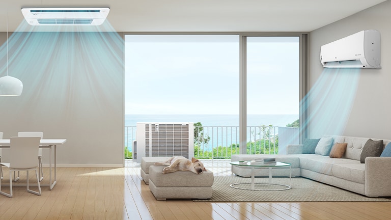 Two LG AC units, one ceiling mounted on the left, wall mounted on the right, fill the living-kitchen area, and outdoor unit at the center window.