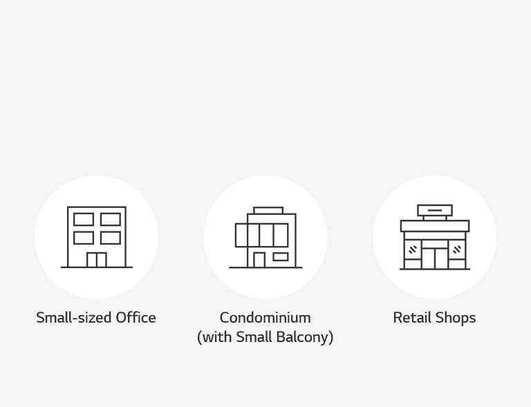 From left to right, there are three white circles, each containing an outline of a small-sized office, condominium, and retail shops at their centers.