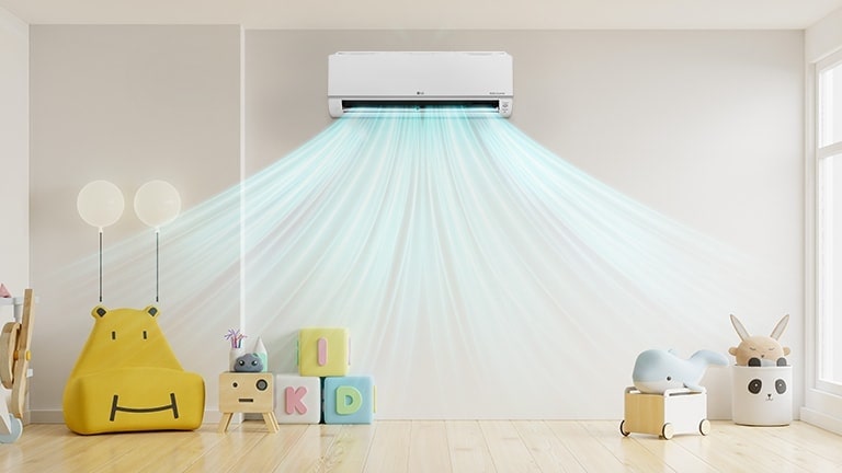 A bright room adorned with various kids toys gets circulated airflow from a central, LG wall-mounted unit.