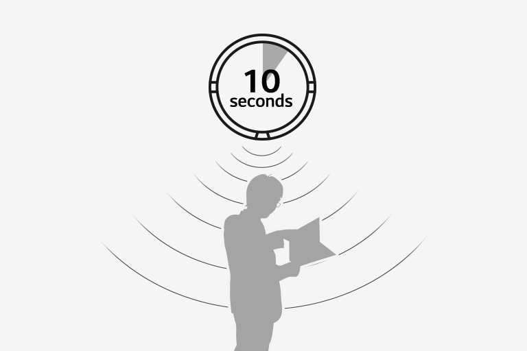 A pictogram shows 10 seconds time mark with waves that seem to detect the silhouette of a person.