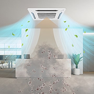 Square ceiling LG air conditioning(ac) unit draws in dirty air centrally, dispenses clean blue-colored air from four surrounding vents.