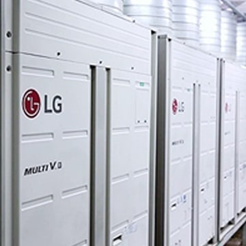 The front-side view of multiple LG Multi V outdoor units, arranged side by side.