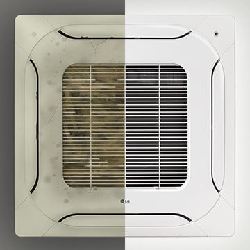 The LG ceiling-mounted cassette displayed centrally reveals a stark contrast. Its left half is covered in dust, while the right half remains clean.