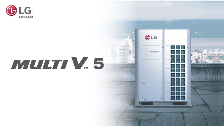 The LG logo is positioned at the top left, with 'MULTI V 5' prominently displayed in large letters at the center. On the right side is the LG MULTI V 5 product, set against a backdrop featuring a cityscape and a clear blue sky.