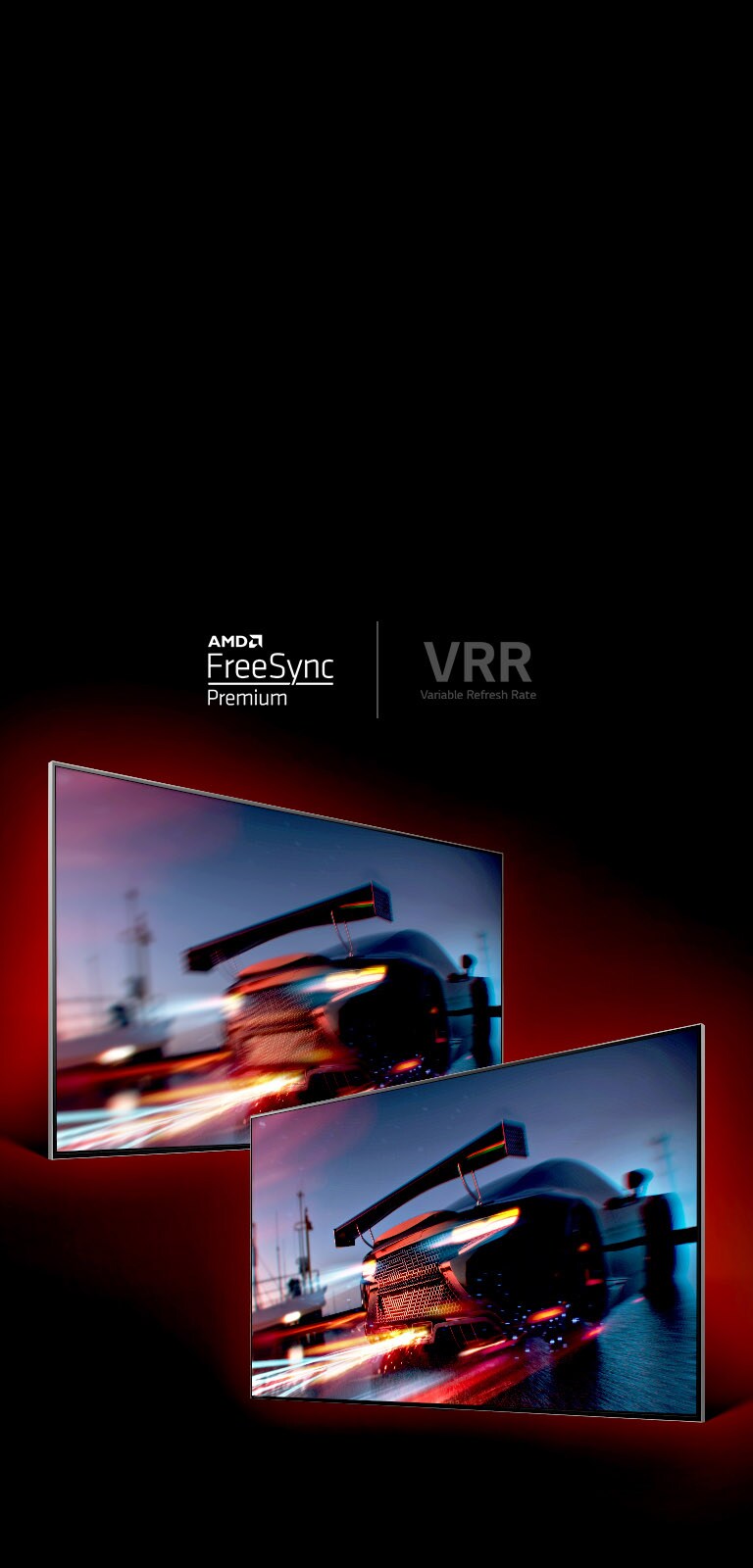 There are two TVs facing opposite. On left TV shows a fast driving racing car that seems quite blurry while on right TV shows a fast driving racing car but very clear.