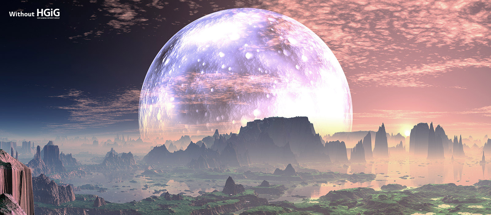 A scene of a dawn on Idyllic Earth-like Planet is divided into two part – on left is a more dull and less bright and the text says without HGiG on left top corner. On right is a brighter scene and the text says with HGiG on right top corner.