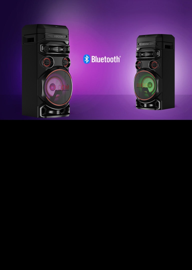 Two LG XBOOMs facing each other at diagonal angles against a purple background with a Bluetooth logo in between.