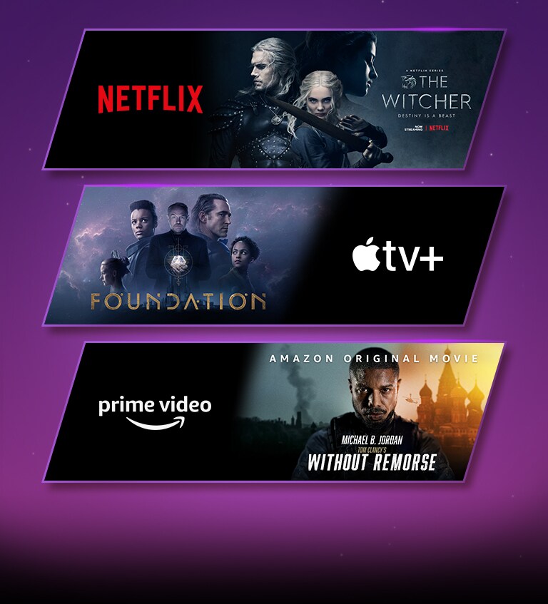 There are 3 image blocks – each with streaming platform logo and footage image. Netflix logo with the Witcher, Apple TV plus logo with Foundation, and prime video logo with Without Remorse.