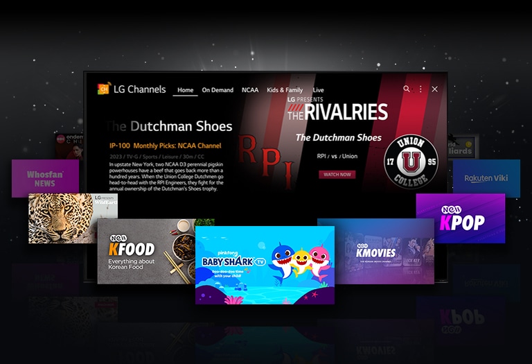 There is a home screen of 'LG Channels', and various content images of LG Channels are nearby.