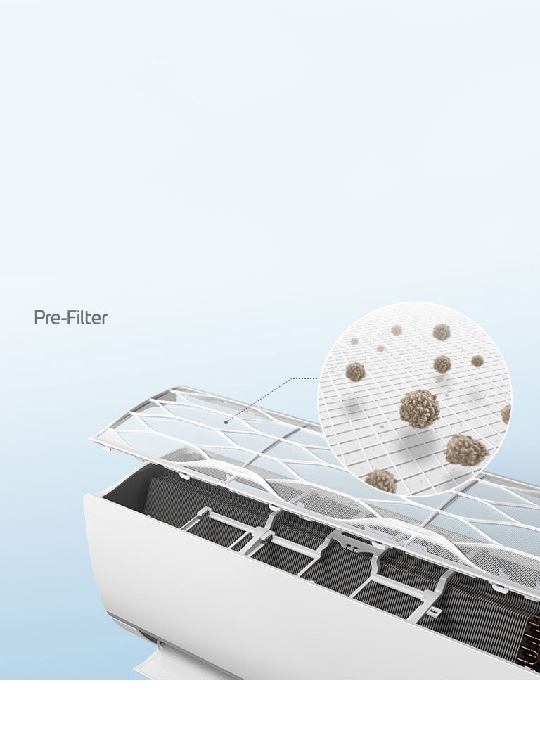 alt="An image shows the air purifier with the top showing the pre-filter. There's a magnified circle showing where the dust particles are caught in the pre-filter. It reads Pre-Filter in the upper left corner."