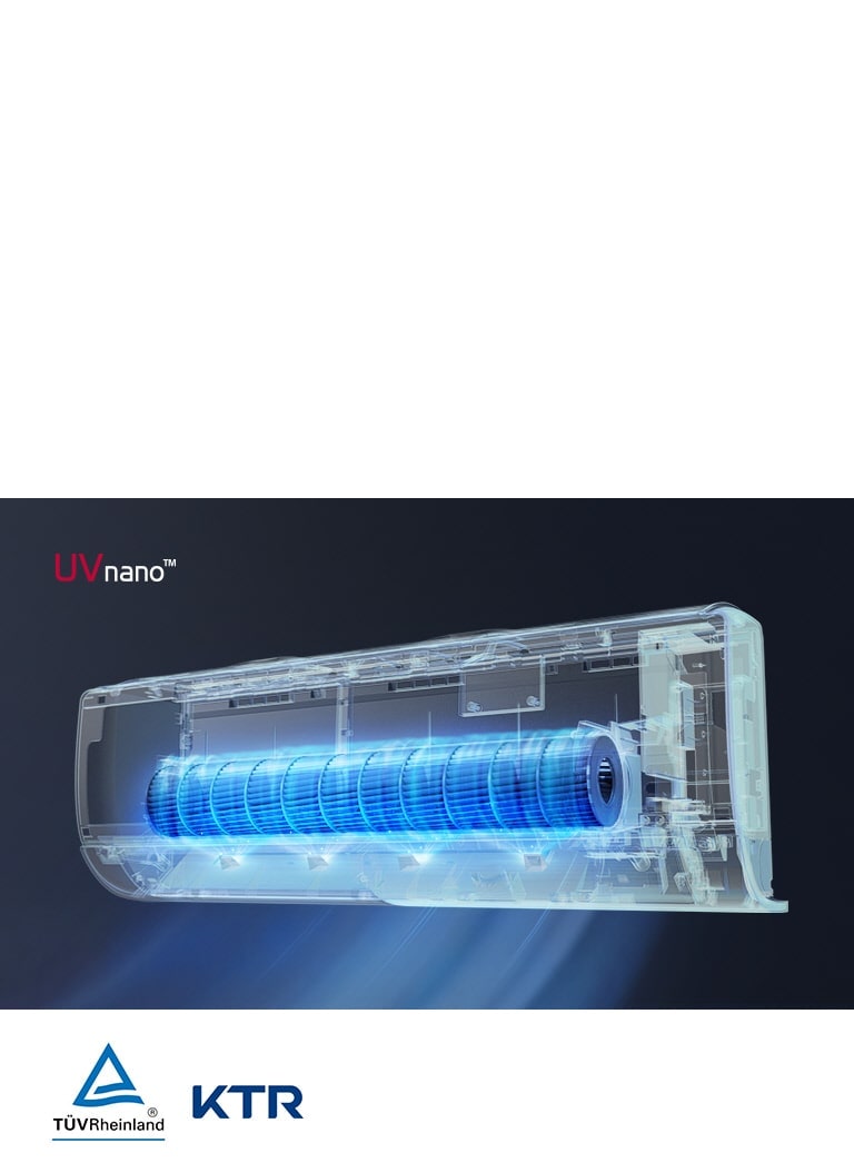 The interior of the UVnano filtration system is shown against a black backdrop so the UV light is glowing inside. Air filters through from the top of the machine and blows out of the bottom. Reads UVnano in the upper left corner. The TUV Rheinland logo and KTR logo are shown next to the image.