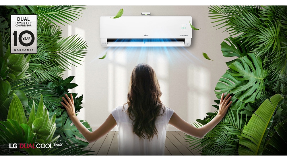 A woman watching the air conditioner in the cool breeze in the thick forest.