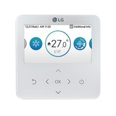 LG Individual Controller control solution unit features a touch control on the bottom half and a top-half display panel showing climate information.