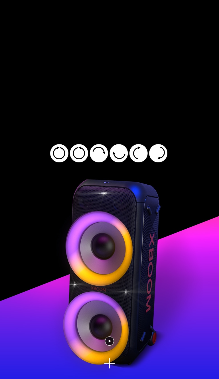 Text is placed on the black colored area, and the pictogram of multi color ring lighting's movements are shown; clockwise, counter-clockwise, upper and lower semicircle, left and right semicircle, and flash effect. The speaker is placed 45 degree angle to the left. And there is purple gradient colored area underneath for design purpose. 8-inch woofers are exaggerated in order to highlight its various colors.