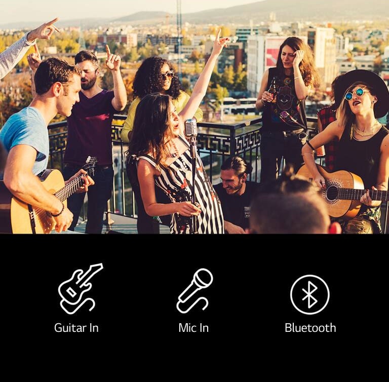 There are people enjoying acoustic concert with LG XBOOM XL9T. Below the image, there are guitar, microphone and bluetooth icons are shown.