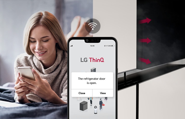 A woman lounges on a bed looking at her phone screen on one image. The second image shows that the refrigerator door has been left open. In the foreground of the two images is the phone screen which shows the LG ThinQ app notifications and the Wifi icon above the phone.