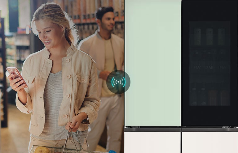 Image on the left shows a woman standing in a grocery store looking at her phone. Image on the right shows the Next4 refrigerator front view. In the center of the images is an icon to show connectivity between the phone and refrigerator.