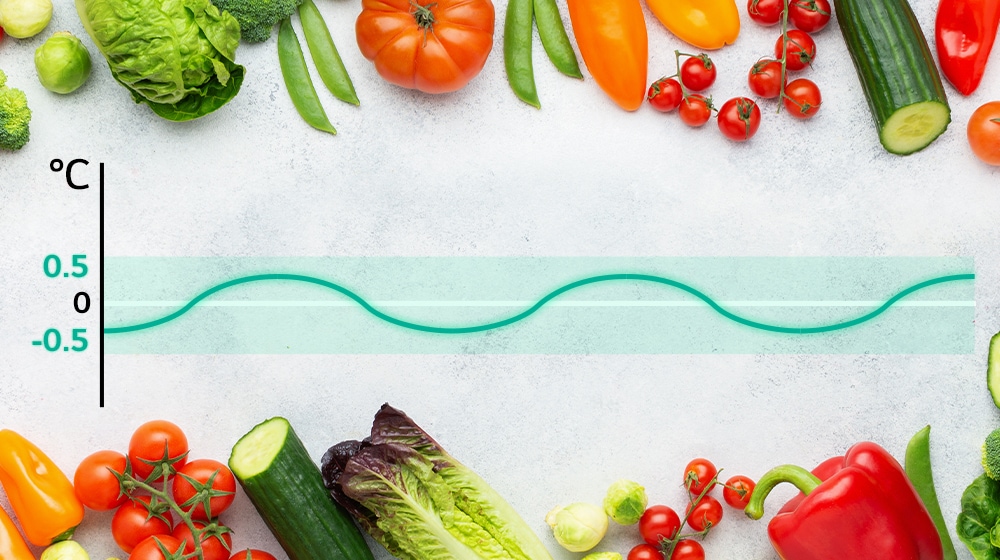 There is a cute blackboard with vegetables. There's a graph in the middle of this board. This graph explains that LG Linear Cooling can reduce the temperature difference in refrigerators.