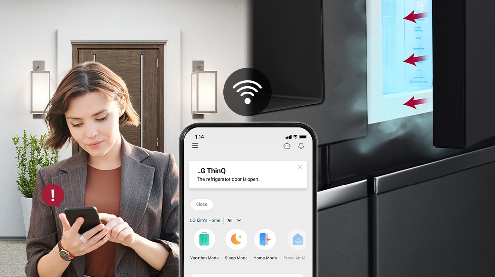 The image on the left shows a woman standing outside the house. The image on the right shows that the refrigerator door has been left open. In the foreground of the two images is the phone screen which shows the LG ThinQ app notifications and the Wifi icon above the phone.