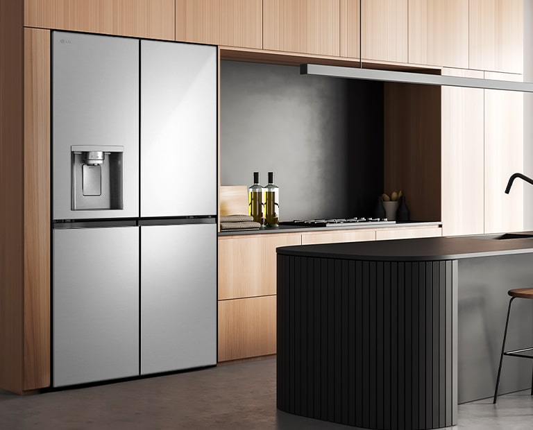 Modern kitchen interior with InstaView fridge.