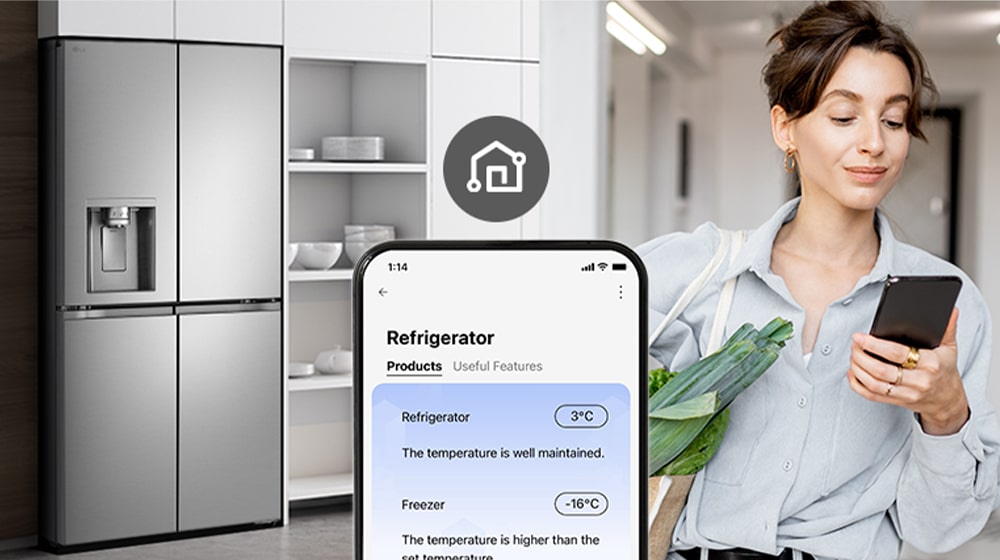 Image on the right shows a woman with a shopping basket looking at her cell phone. Image on the left shows the refrigerator front view. In the center of the images is an icon to show connectivity between the phone and refrigerator.