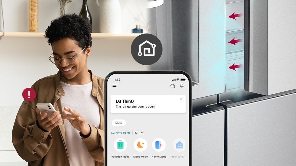 The image on the left shows the woman looking at the smartphone. The image on the right shows that the refrigerator door has been left open. In the foreground of the two images is the phone screen which shows the LG ThinQ app notifications and the Wi-Fi icon above the phone.