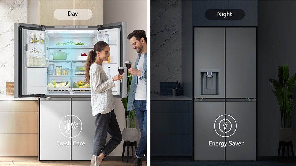 The image on the left shows a couple holding glasses during the day in front of an open refrigerator. Only one side of the refrigerator is open, and blue cold air is flowing out of the refrigerator. The thermometer icon, which means cold air, is located below the image. The image on the right shows the refrigerator in the kitchen on a dark night. Below the image is an electric icon, which means energy saving.