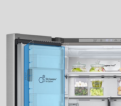 Inside the refrigerator, a slim indoor ice maker is highlighted in blue and the refrigerator is full of ingredients