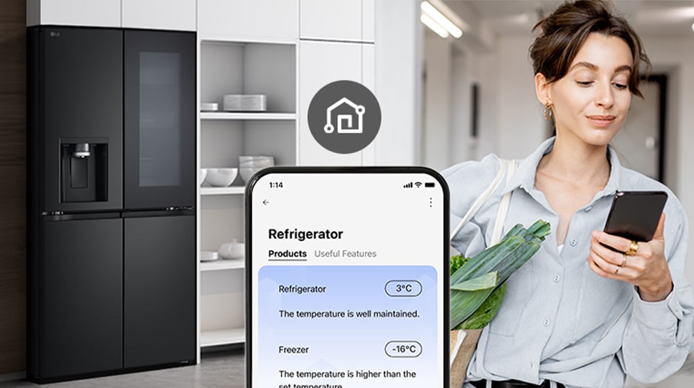 Image on the right shows a woman with a shopping basket looking at her cell phone. Image on the left shows the refrigerator front view. In the center of the images is an icon to show connectivity between the phone and refrigerator.