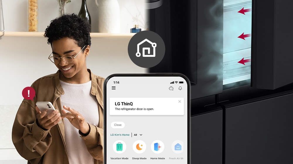 The image on the left shows the woman looking at the smartphone. The image on the right shows that the refrigerator door has been left open. In the foreground of the two images is the phone screen which shows the LG ThinQ app notifications and the Wi-Fi icon above the phone.