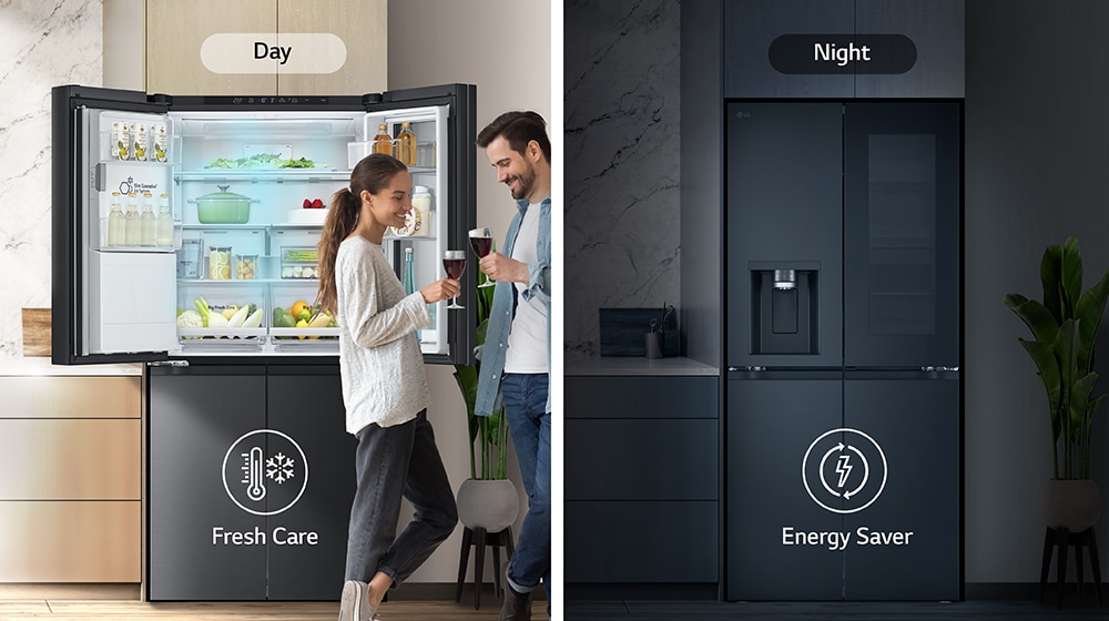 The image on the left shows a couple holding glasses during the day in front of an open refrigerator. Only one side of the refrigerator is open, and blue cold air is flowing out of the refrigerator. The thermometer icon, which means cold air, is located below the image. The image on the right shows the refrigerator in the kitchen on a dark night. Below the image is an electric icon, which means energy saving.