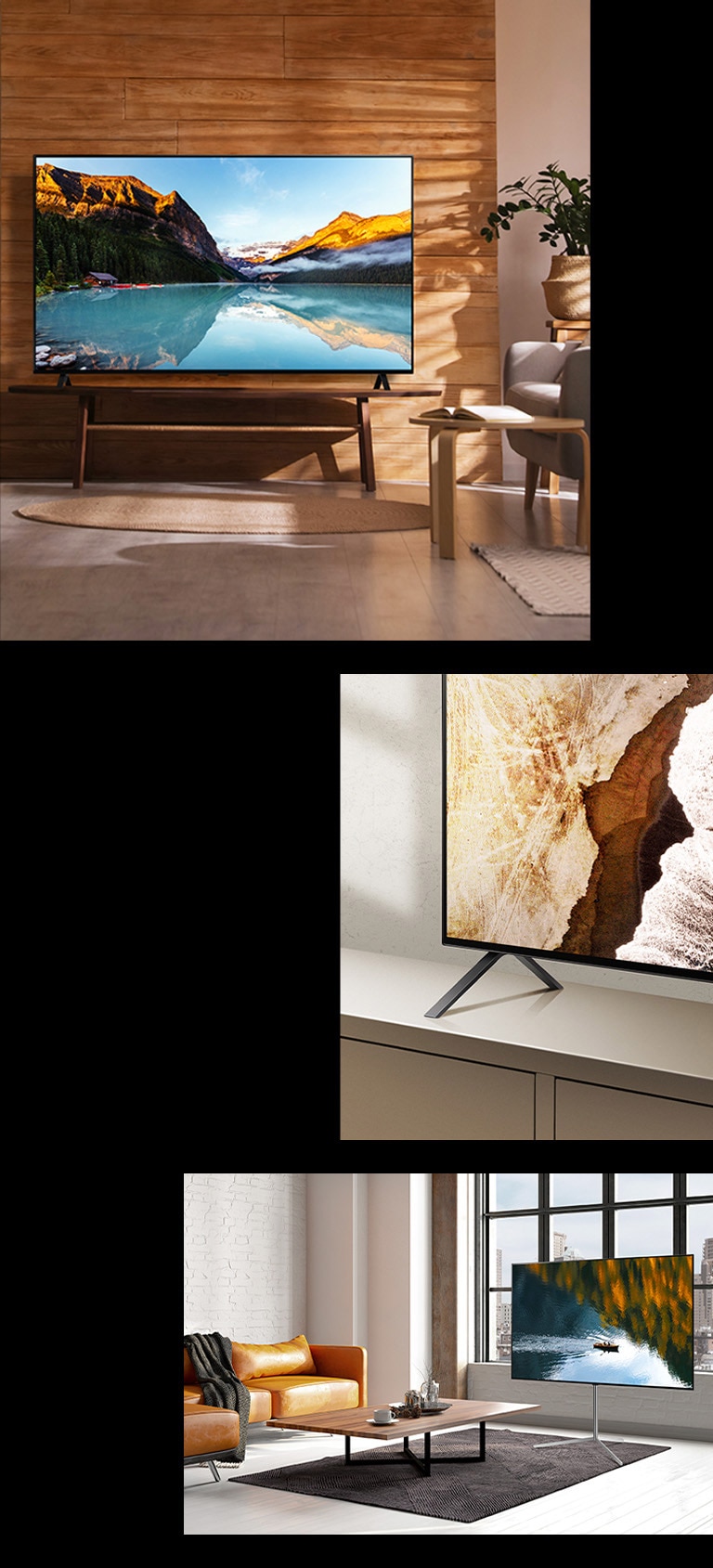 An image of LG OLED A3 on a TV stand in front of a wooden wall. The bottom corner of LG OLED A3's base stand. LG OLED A3 on a Floor Stand in front of a window overlooking the city.