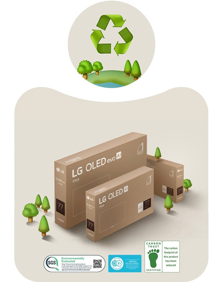 LG OLED packaging against a beige background with illustrated trees.