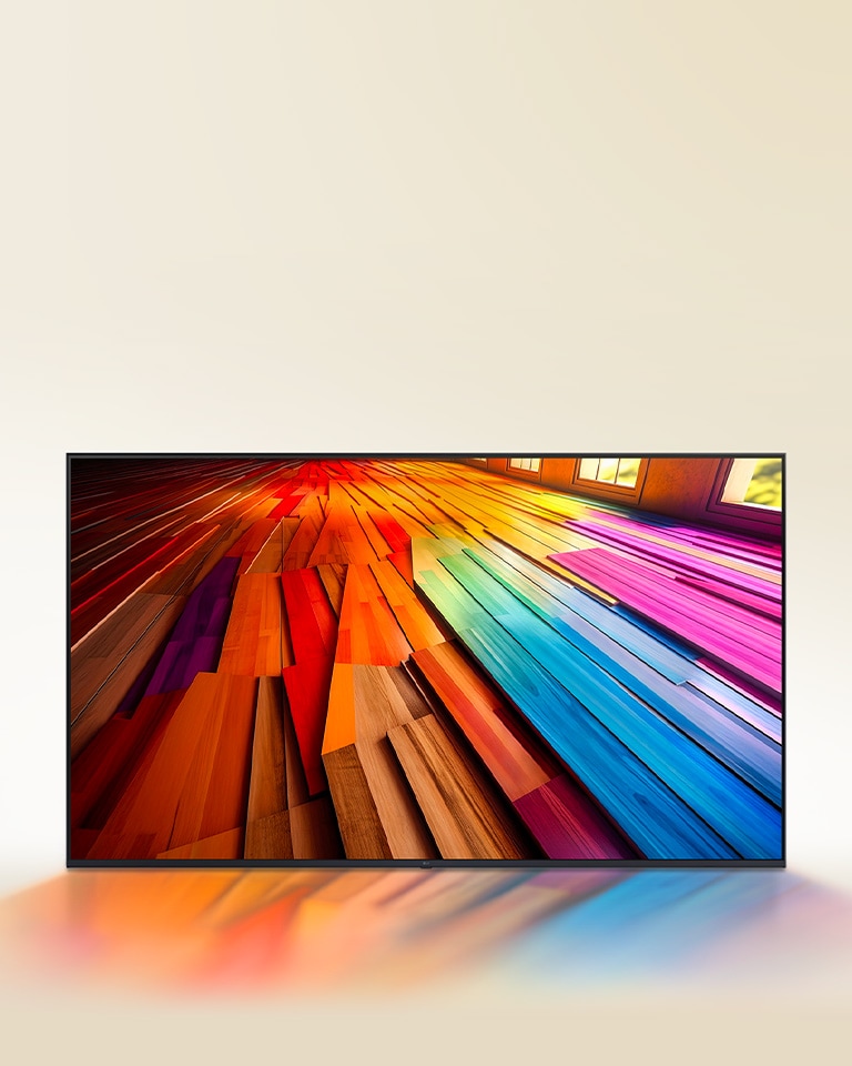 A vibrantly colored, long stretch of hardwood flooring is displayed on an LG UHD TV.