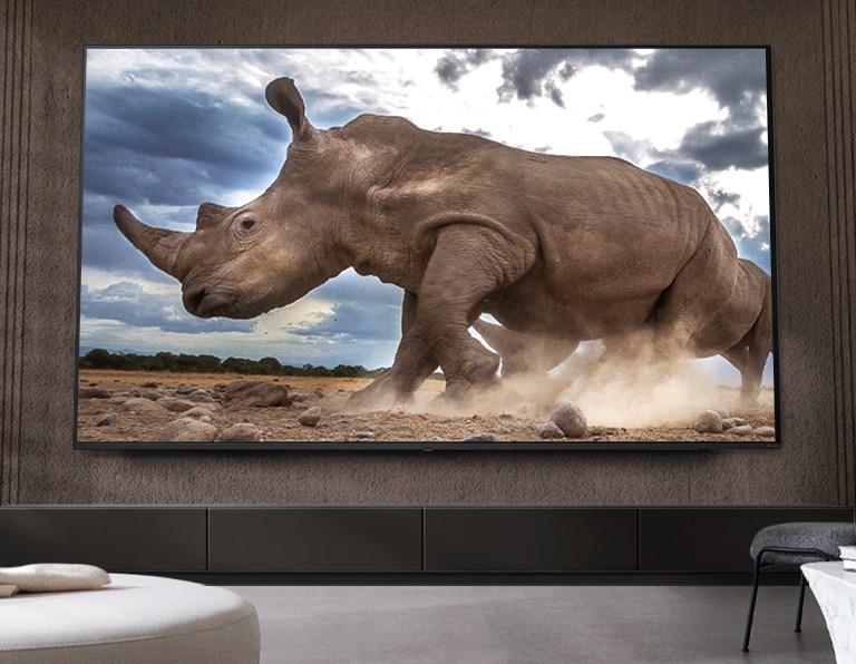 A rhinoceros in a safari setting is shown on an Ultra Big LG TV, mounted on the brown wall of a living room surrounded by cream-colored modular furniture.