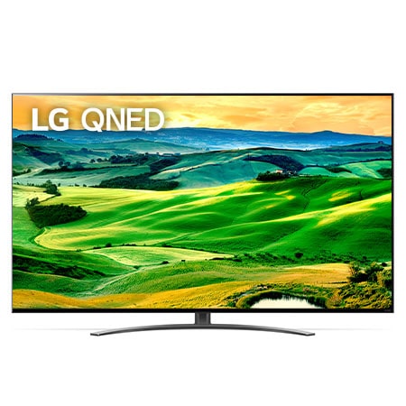 A front view of the LG QNED TV with infill image and product logo on