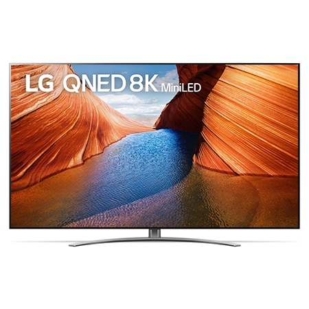 A front view of the LG QNED TV with infill image and product logo on