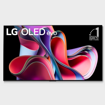 Front view with LG OLED evo, 11 Years World No.1 OLED Emblem, and 5-Year Panel Warranty logo on screen