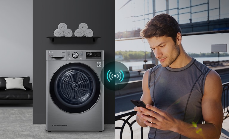 Three icons at the top indicate there are three images in a carousel. The first icon, labelled "Remote Control", is red. An image on the left shows the dryer. An image on the right shows a man looking down at his phone from outside. In the center is a connectivity icon showing a control the dryer through app.