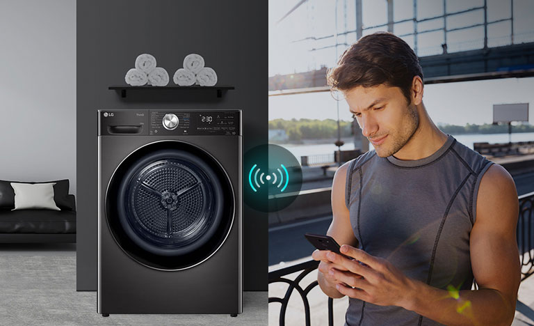 Three icons at the top indicate there are three images in a carousel. The first icon, labelled "Remote Control", is red. An image on the left shows the dryer. An image on the right shows a man looking down at his phone from outside. In the center is a connectivity icon showing a control the dryer through app.