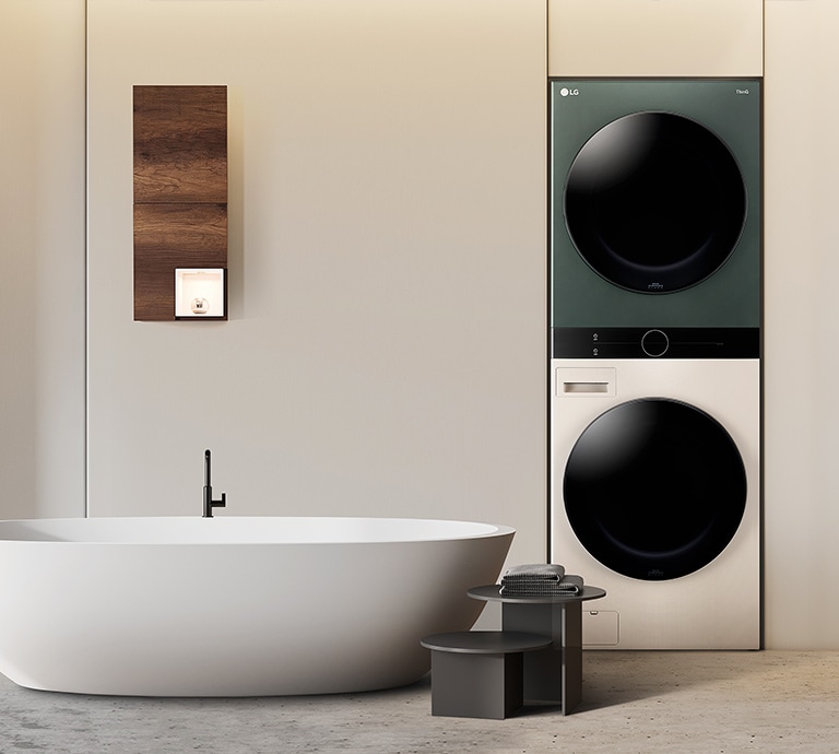 LG Objet WashTower™ presents a harmonious interior that fits perfectly with the built-in furniture in the bathroom.
