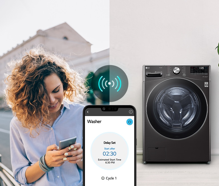 Three icons at the top indicate there are three images in a carousel. The second icon, labelled "Remote Control", is red. There are two images side by side in the background: The left image is a woman looking down at her phone. The right image is the washer. In the center in the foreground is the screen of a phone showing the ThinQ app with a connectivity icon above the phone.