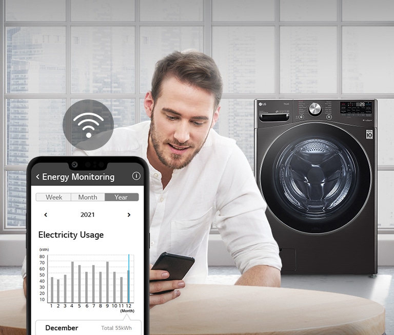 Three icons at the top indicate there are three images in a carousel. The first icon, labelled "Monitoring", is red.In the background a man looks down at his phone. The washer is in the background. In the foreground is the screen of a phone with the ThinQ app and a Wifi icon above.