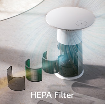 The filters of the product are shown step by step. Purified clean air is spewing out at 360˚ at the top of the product.